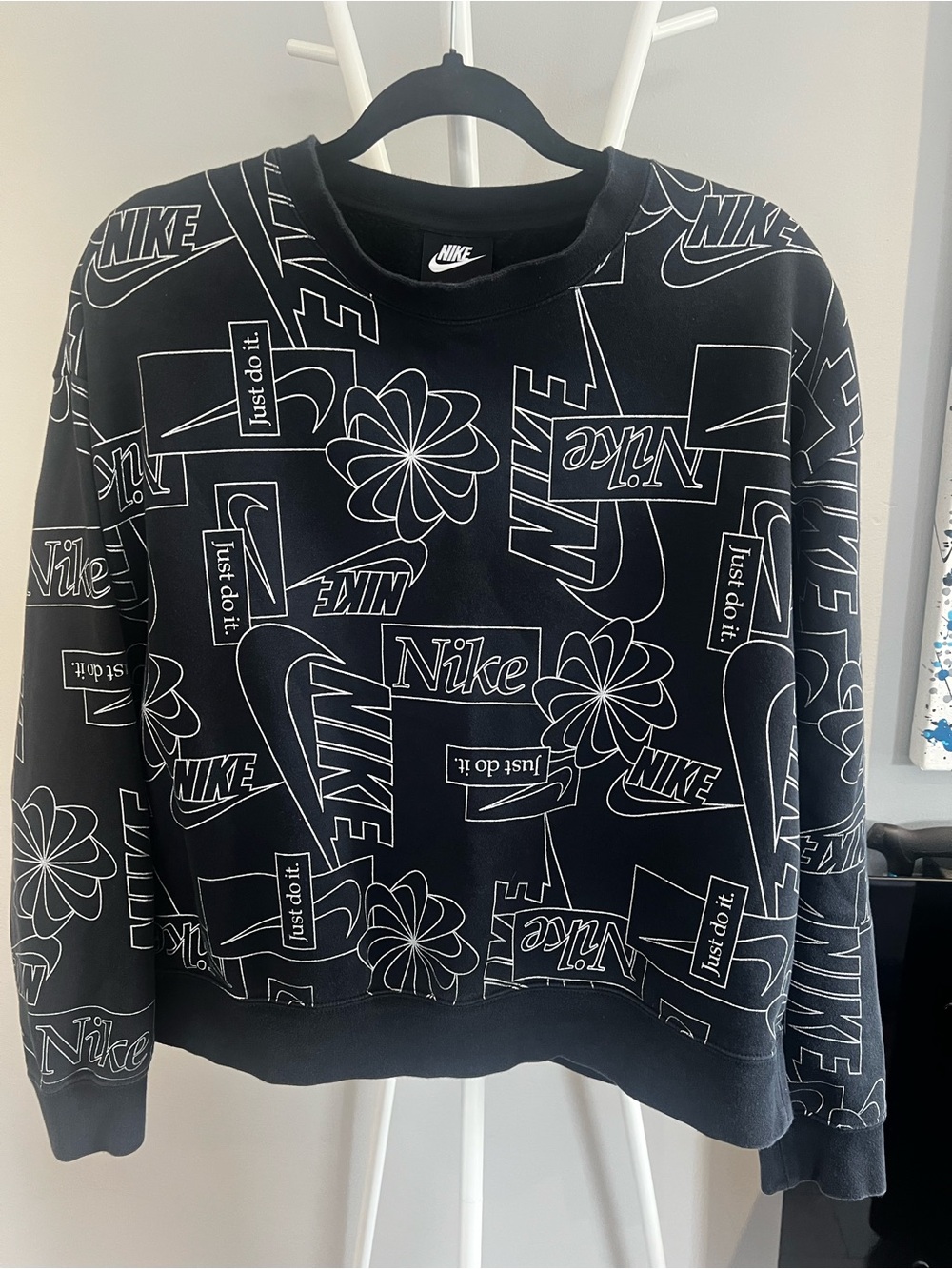 Nike Black Crewneck Sweatshirt with White Logo All-Over Print
